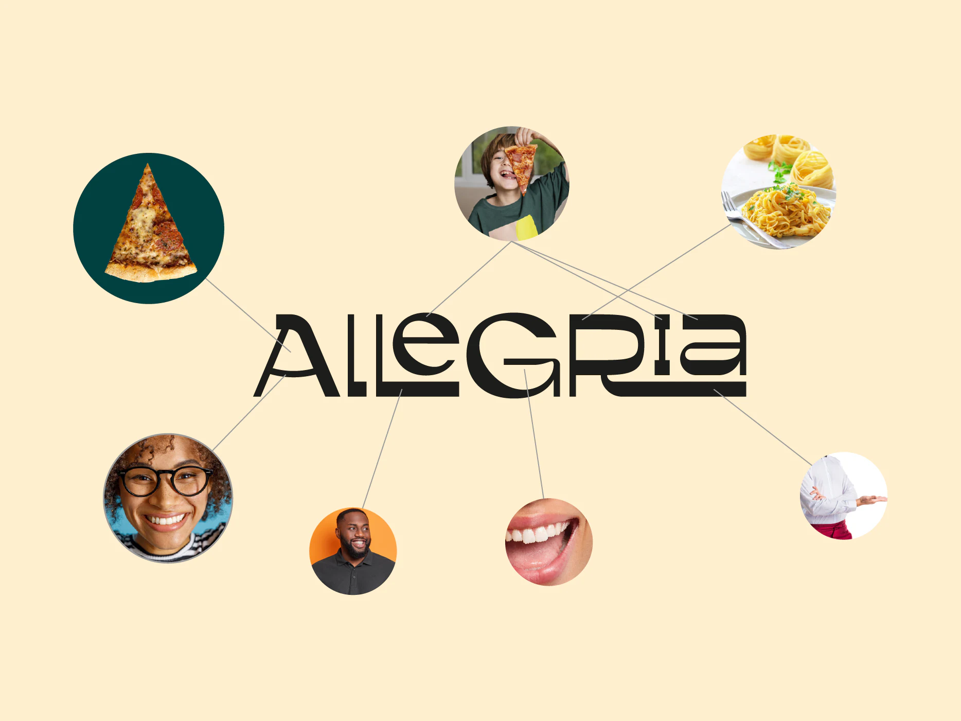 Conceito da marca Allegria: o logotipo ligado a pessoas, pizza e massa