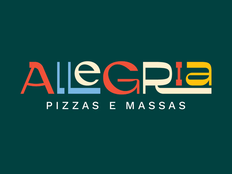 Logotipo colorido da Allegria Pizzas e Massas sobre fundo verde