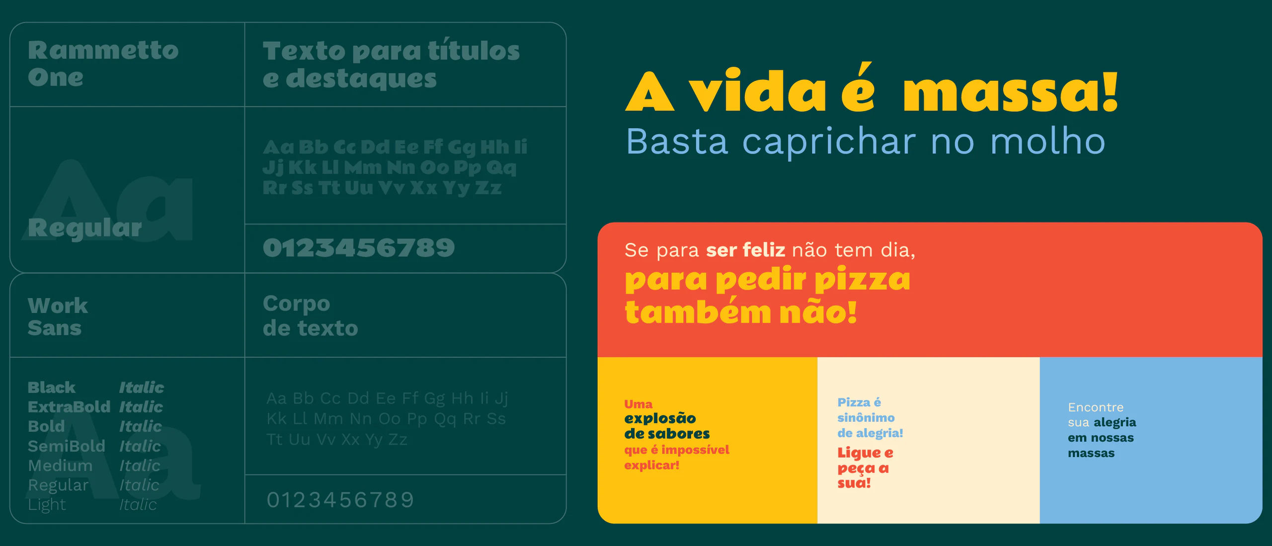 Tipografia da Allegria, Rammetto One e Work Sans, com a frase “A vida é massa!”
