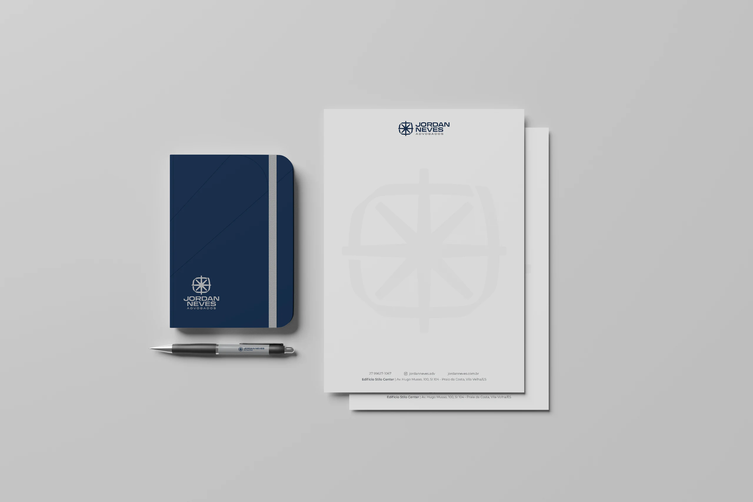 Caderno e papel timbrado da Jordan Neves Advogados