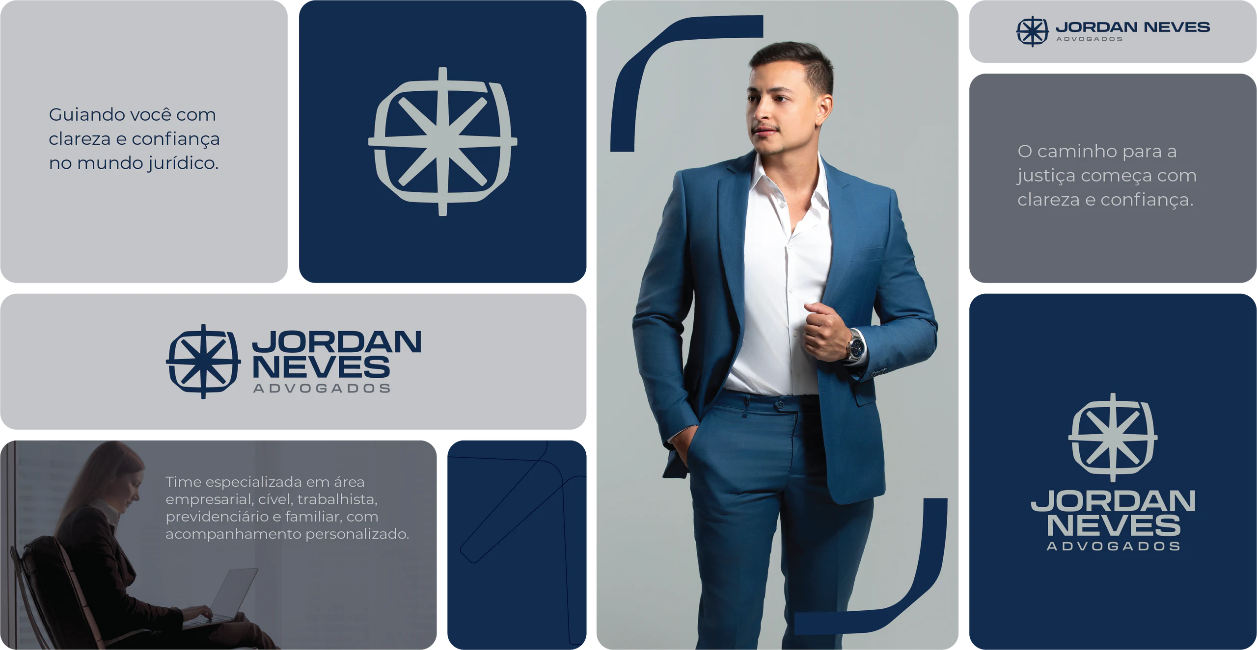 Painel da marca Jordan Neves Advogados: símbolo, logotipo e fotografia