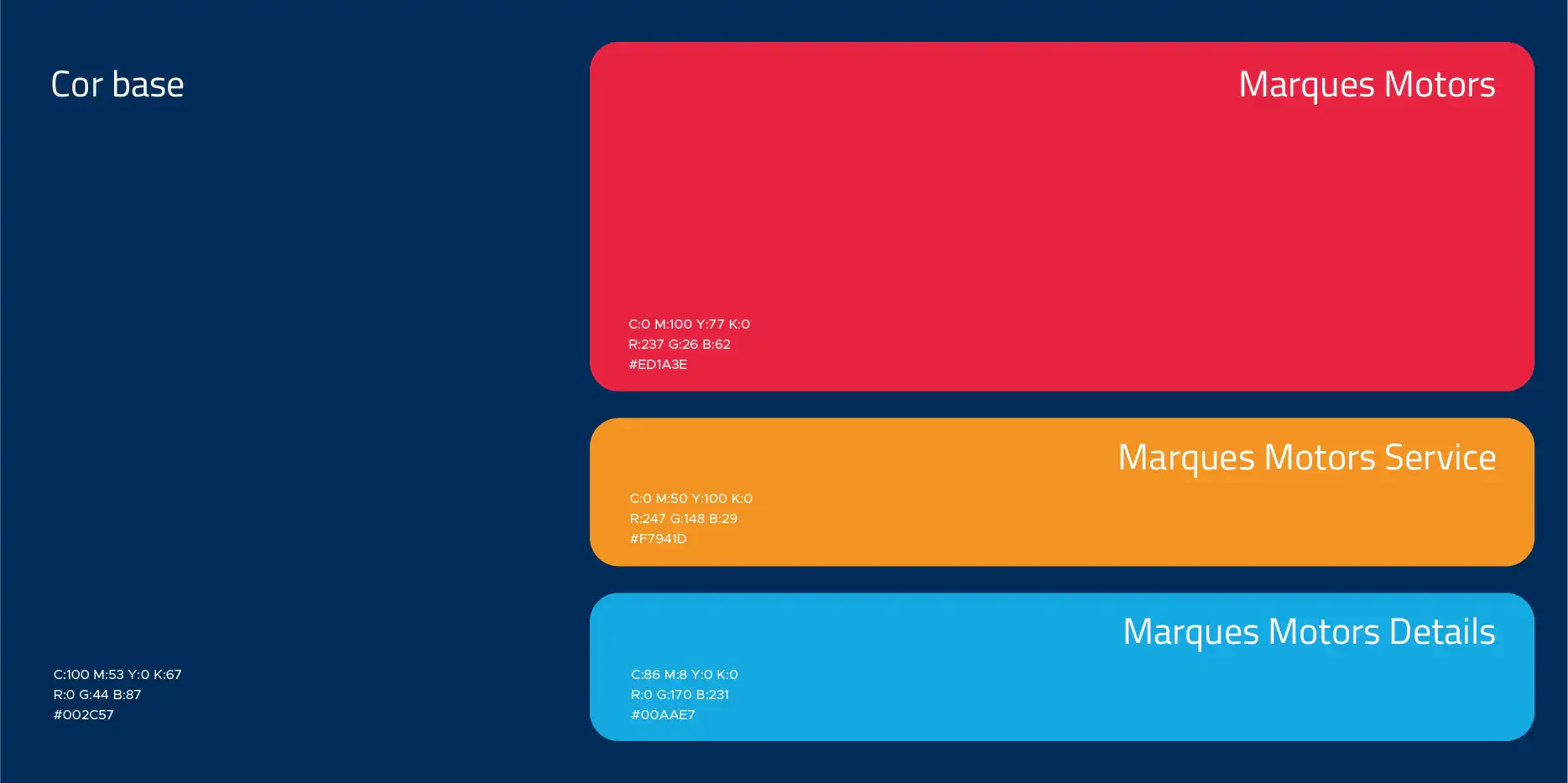 Paleta de cores da Marques Motors: azul-marinho de base, com vermelho, laranja e azul para cada marca