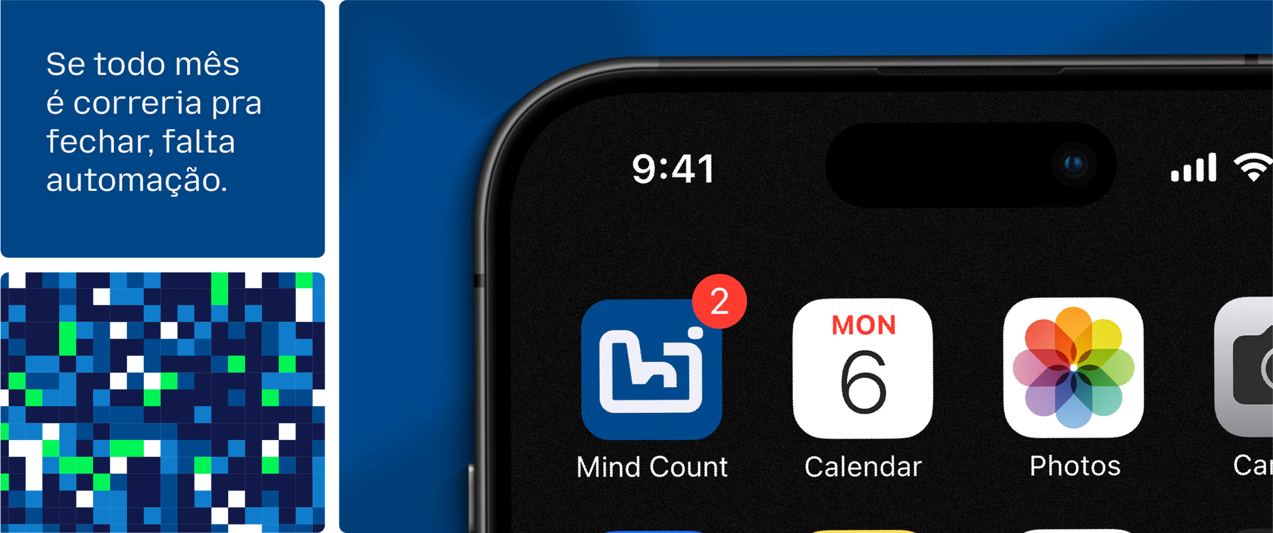 Ícone da Mind Count na tela do celular e a frase “Se todo mês é correria pra fechar, falta automação”