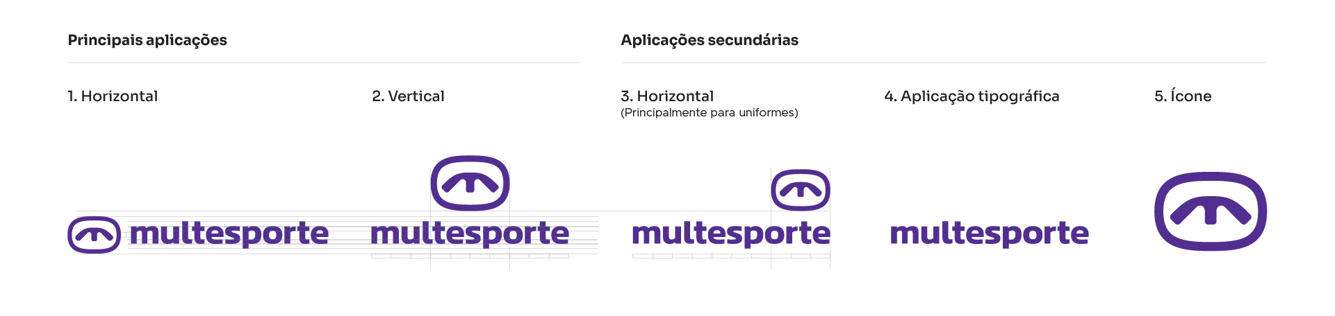 Versões do logotipo da Multesporte: horizontal, vertical, tipográfica e ícone